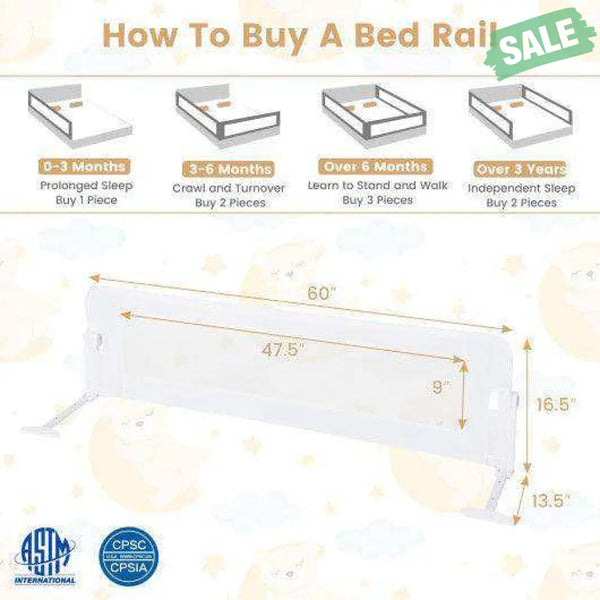 60-Inch Foldable Bed Rail Swing Down Baby Bed Guard Rail with Adjustable Safety Strap-Grey Gray Bed Rails