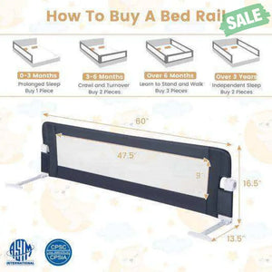 60-Inch Foldable Bed Rail Swing Down Baby Bed Guard Rail with Adjustable Safety Strap-Grey Gray Bed Rails