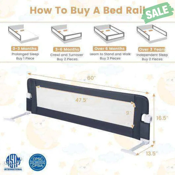 60-Inch Foldable Bed Rail Swing Down Baby Bed Guard Rail with Adjustable Safety Strap-Grey Gray Bed Rails