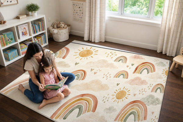 Mom and daughter reading a book on the Little Rainbows Pattern play rug
