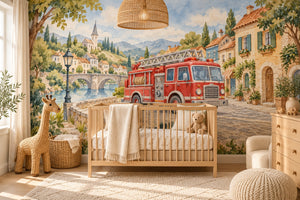 Watercolor Fire Truck Town Wall Mural, image 1