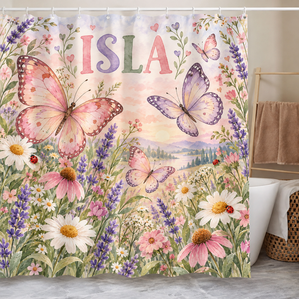 Personalized butterfly meadow kids shower curtain with the name Isla