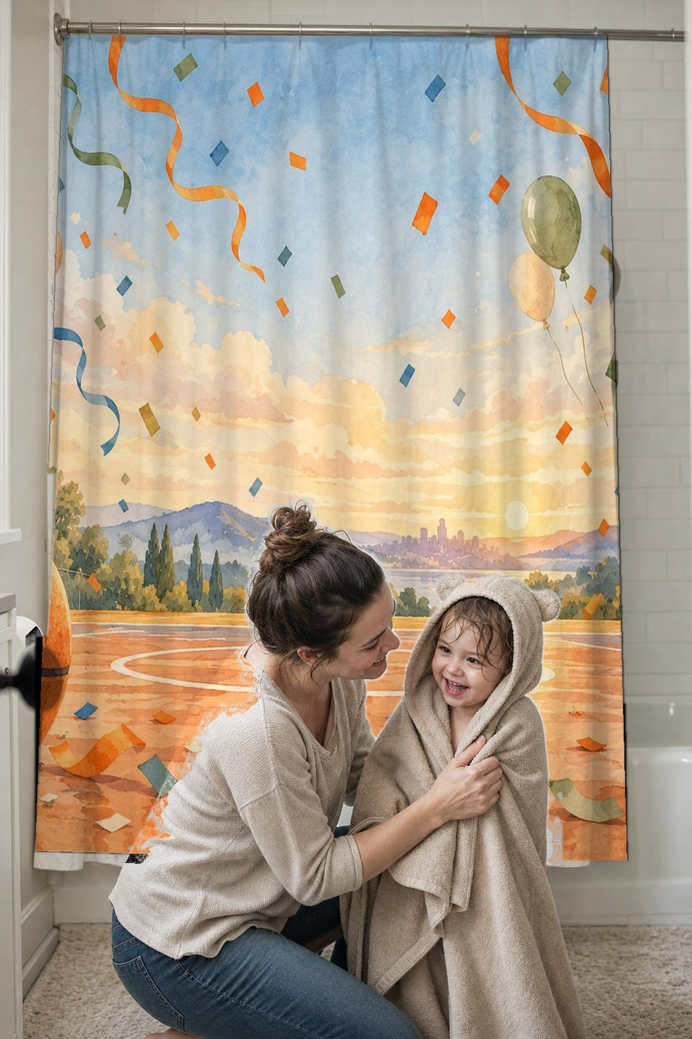 Basketball Celebration shower curtain, full front view of the 71 x 74 in fabric curtain