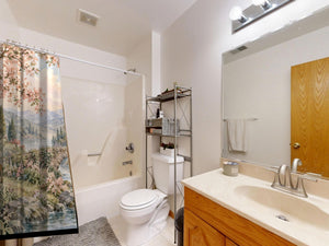 Woodland Castle Fairy Tale shower curtain on a tub shower combo in an American family bathroom