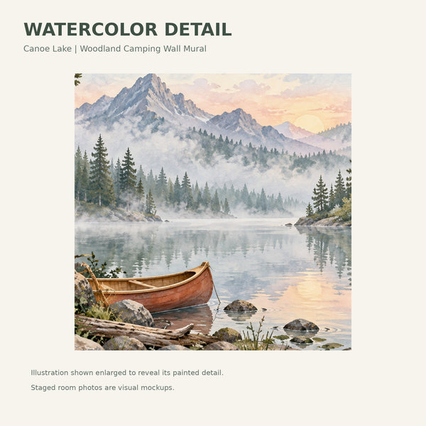 Watercolor Canoe Lake Camping Wall Mural, image 4