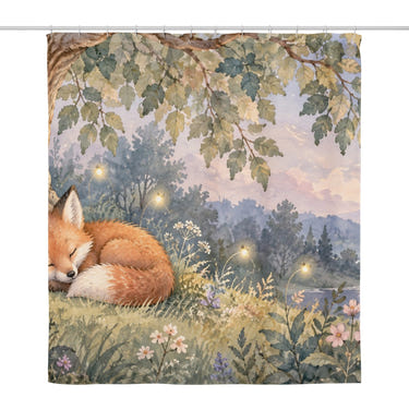 Sleepy Fox shower curtain, full front view of the 71 x 74 in fabric curtain