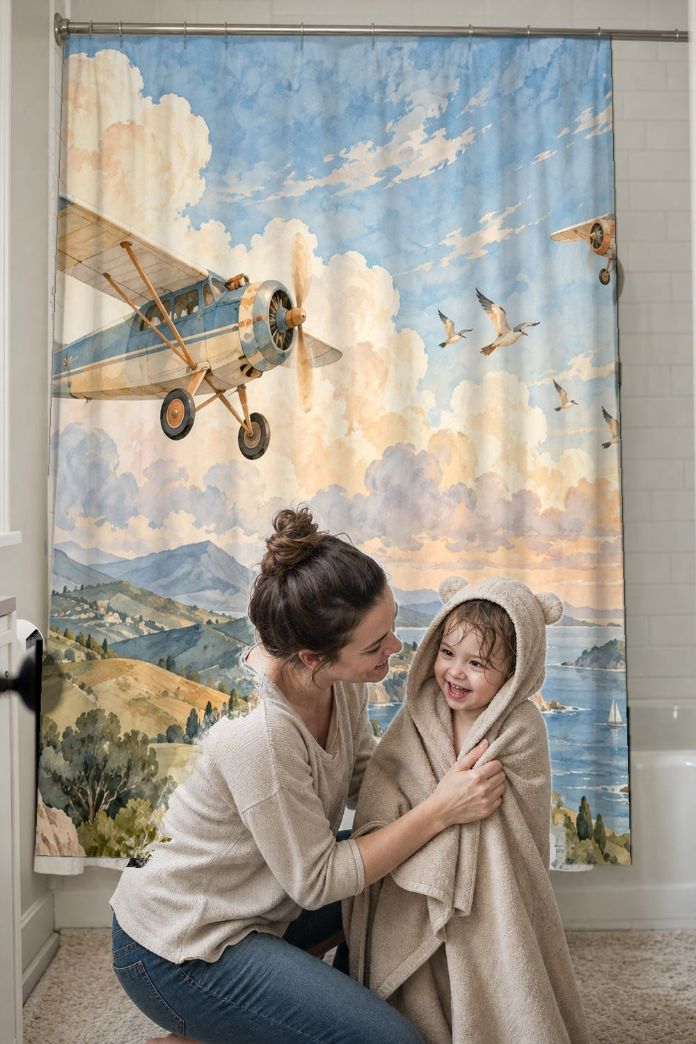 Sky Expedition shower curtain, full front view of the 71 x 74 in fabric curtain
