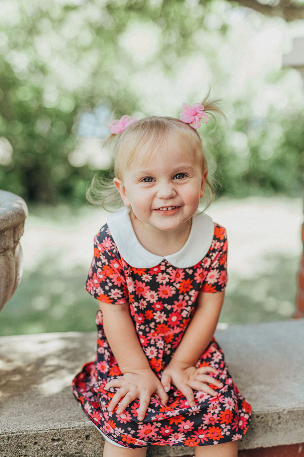 Retro Mod Navy and Pink Flower Peter Pan Collar Floral Dress