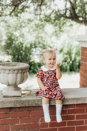 Retro Mod Navy and Pink Flower Peter Pan Collar Floral Dress