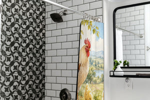 Chicks Field Farm shower curtain in a modern farmhouse bathroom with subway tile