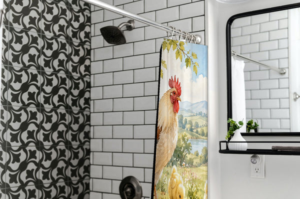 Chicks Field Farm shower curtain in a modern farmhouse bathroom with subway tile