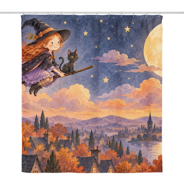 Little Witch Halloween shower curtain, full front view of the 71 x 74 in fabric curtain