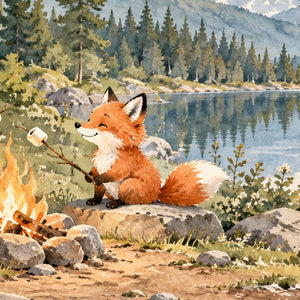Bear and Fox Campfire Camping shower curtain, close up of the watercolor artwork