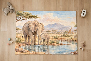 Top view of the Elephant Family Safari kids area rug on a wood floor