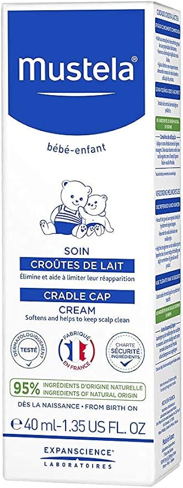 Mustela Cradle Cap Cream for babies, 1.35 oz scalp treatment for healthy hair and skin.