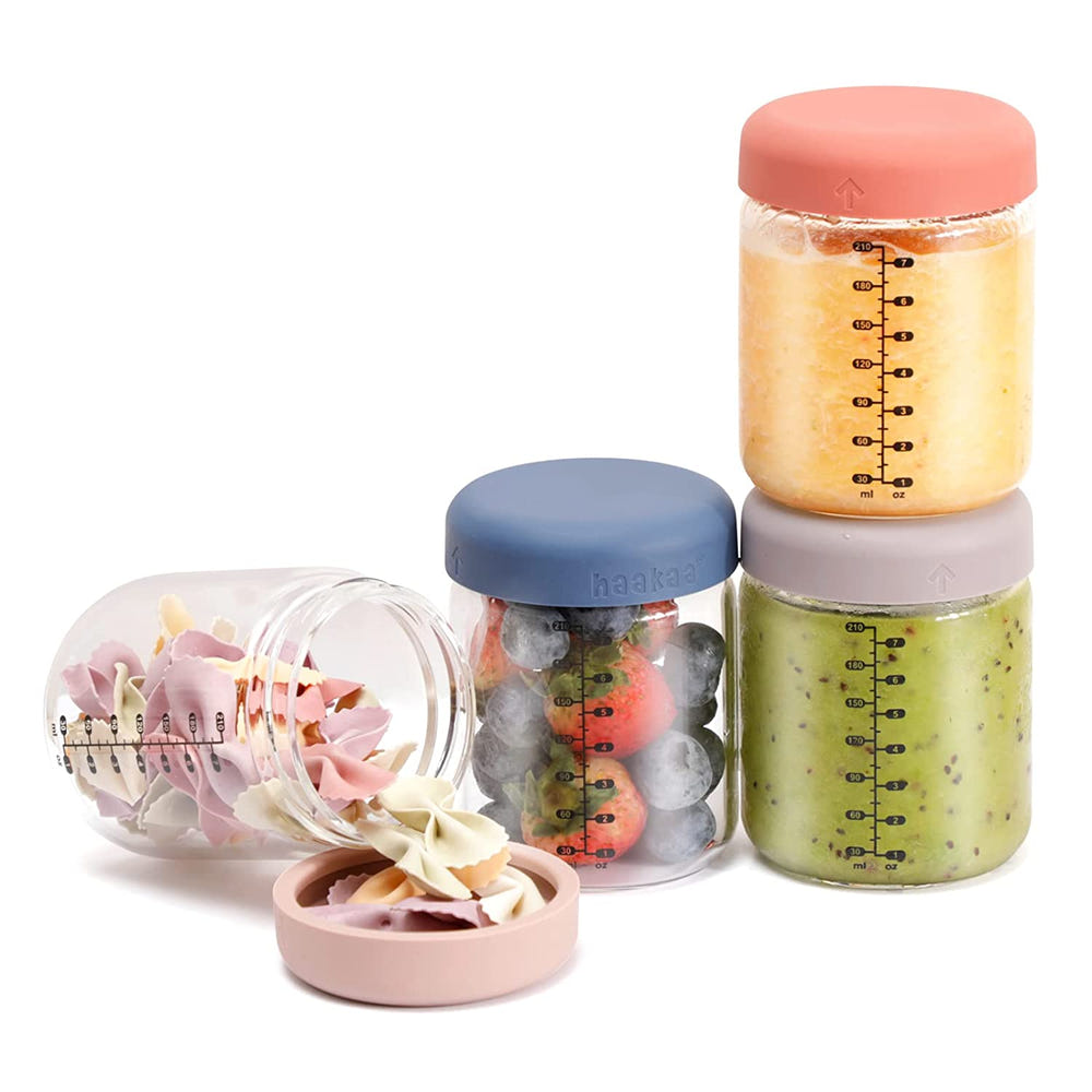 Haakaa Sealed Glass Storage Jar Set - 4 x 7 oz jars for baby food storage and on-the-go convenience.
