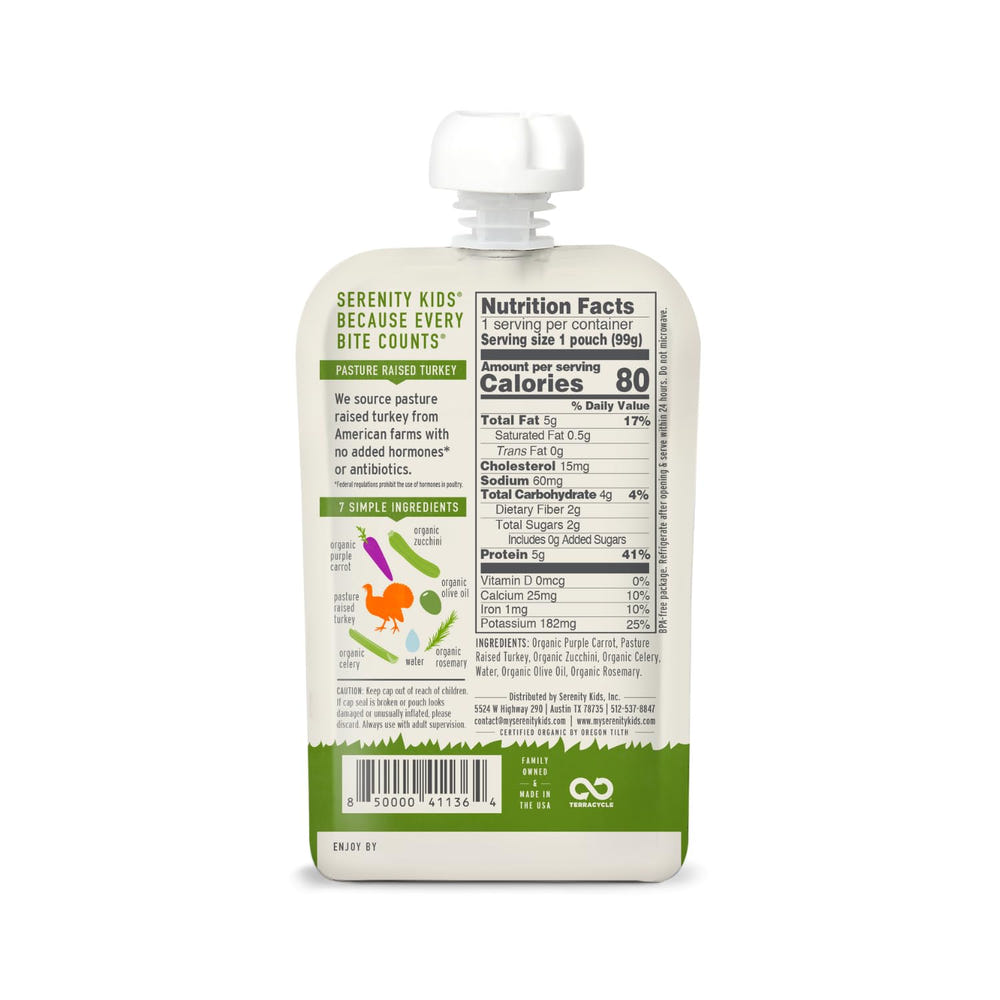 Serenity Kids Organic Turkey & Rosemary Baby Food, 3.5 oz, pack of 6, nutritious meal for babies.
