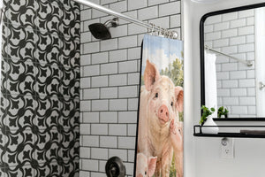 Piglet Family Farm shower curtain in a modern farmhouse bathroom with subway tile