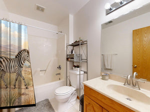 Zebra Family Safari shower curtain on a tub shower combo in an American family bathroom