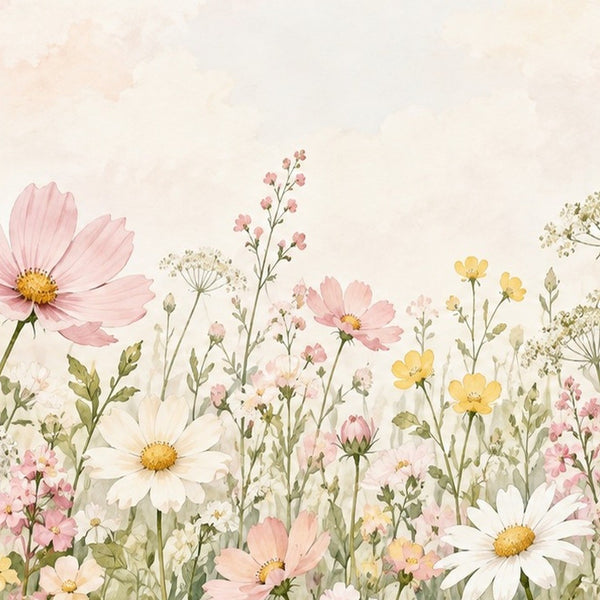 Cosmos and Daisy Meadow kids bath mat, close up of the watercolor artwork