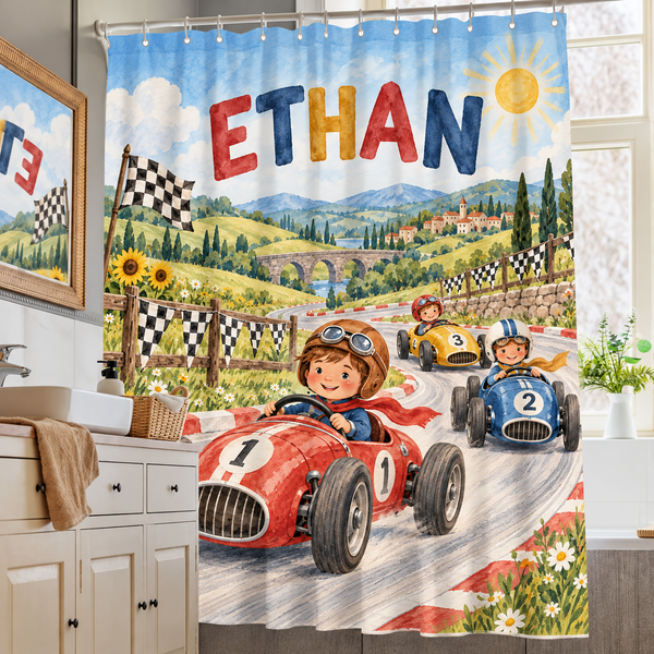 Race Day personalized kids shower curtain over a bathtub