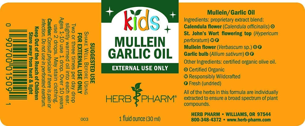 Herb Pharm Kids Ear Mullein Garlic Oil - Natural earache relief for children, 1 fl oz, vitamins & supplements.