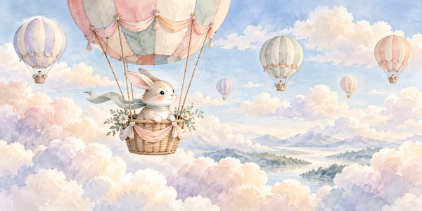 Watercolor Bunny Hot Air Balloon Wall Mural, image 3