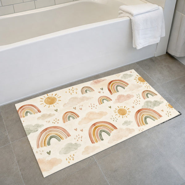 Little Rainbows Pattern bath mat on the floor in front of the tub