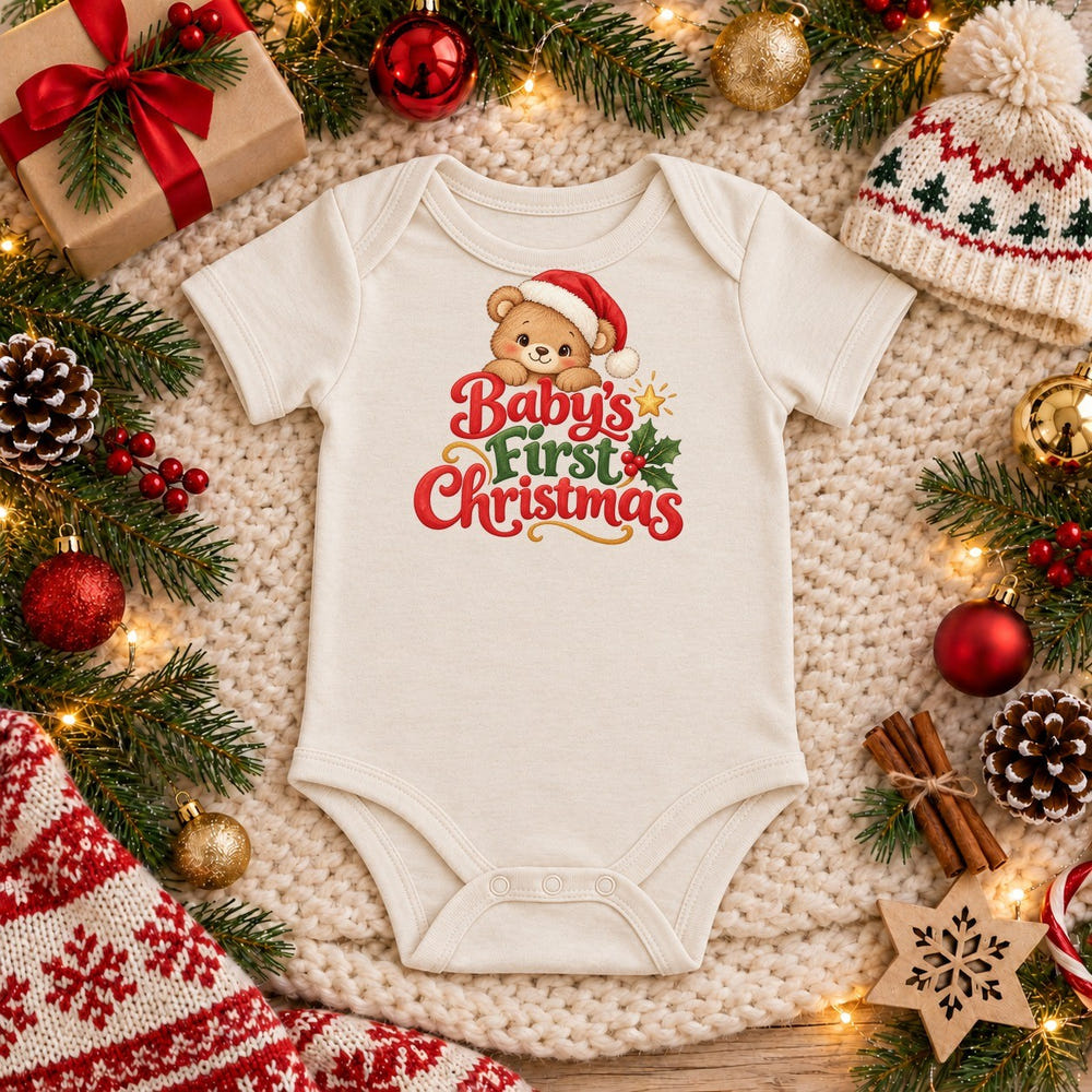 Baby's First Christmas organic cotton baby bodysuit in white, Christmas flat lay