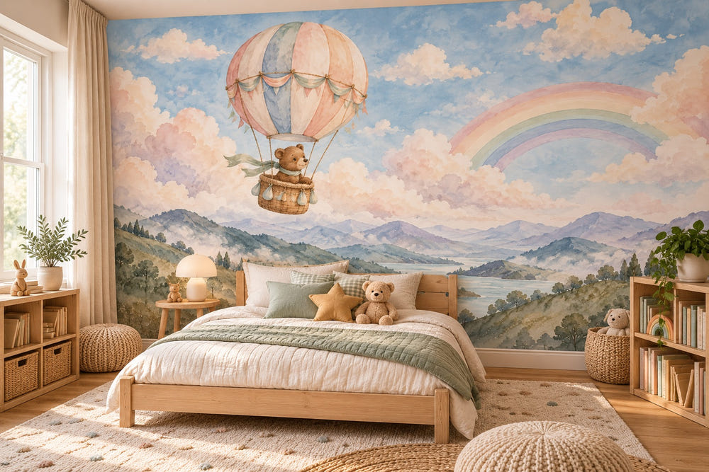 Watercolor Bear Hot Air Balloon Wall Mural, image 1