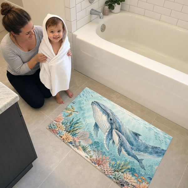 Mom and toddler in a hooded towel next to the Whale Family Ocean bath mat