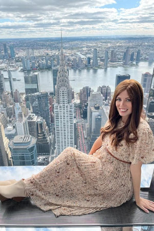 Beige Floral Pleated Chiffon Midi Dress