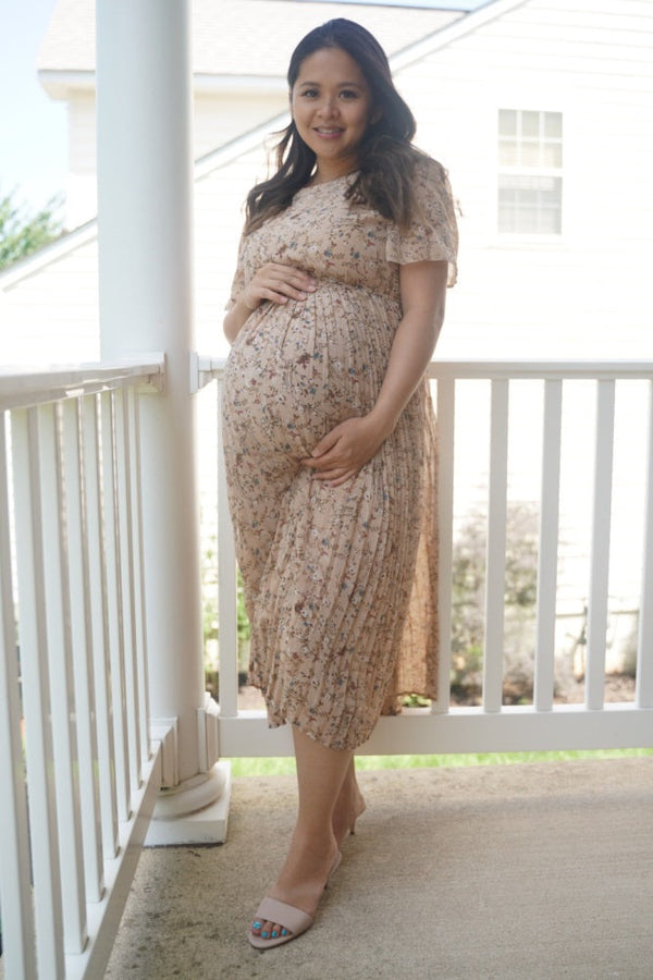 PinkBlush Beige Floral Pleated Chiffon Maternity Midi Dress