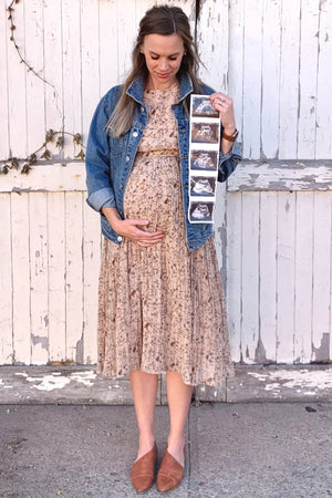 Beige Floral Pleated Chiffon Midi Dress
