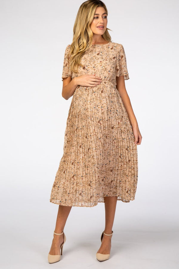 PinkBlush Beige Floral Pleated Chiffon Maternity Midi Dress
