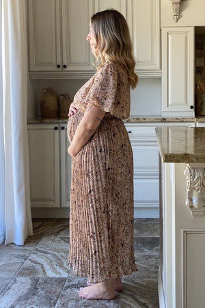 PinkBlush Beige Floral Pleated Chiffon Maternity Midi Dress