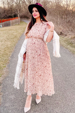 Beige Floral Pleated Chiffon Midi Dress