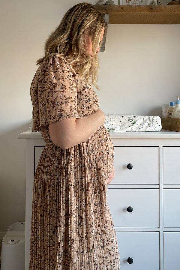 PinkBlush Beige Floral Pleated Chiffon Maternity Midi Dress