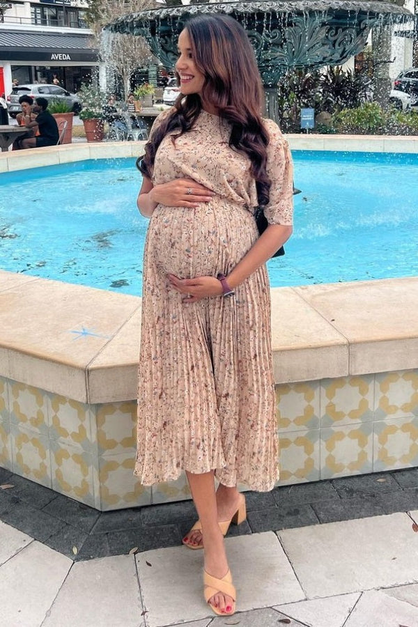 Beige Floral Pleated Short Sleeve Chiffon Maternity Midi Dress