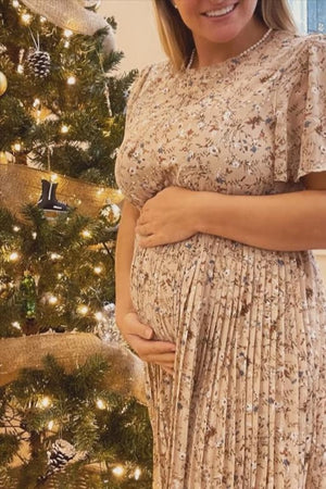 PinkBlush Beige Floral Pleated Chiffon Maternity Midi Dress