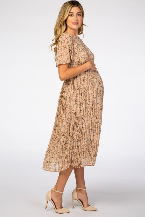 PinkBlush Beige Floral Pleated Chiffon Maternity Midi Dress