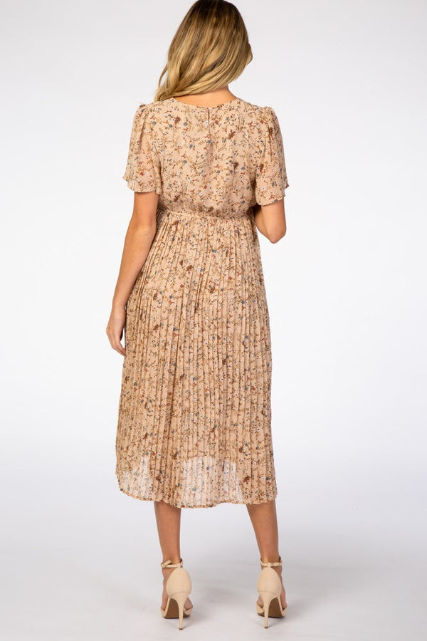 PinkBlush Beige Floral Pleated Chiffon Maternity Midi Dress