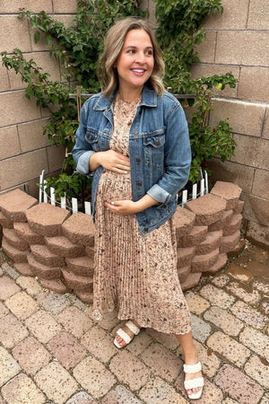 PinkBlush Beige Floral Pleated Chiffon Maternity Midi Dress