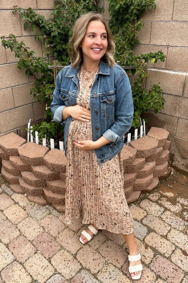 PinkBlush Beige Floral Pleated Chiffon Maternity Midi Dress