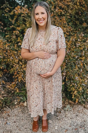 PinkBlush Beige Floral Pleated Chiffon Maternity Midi Dress