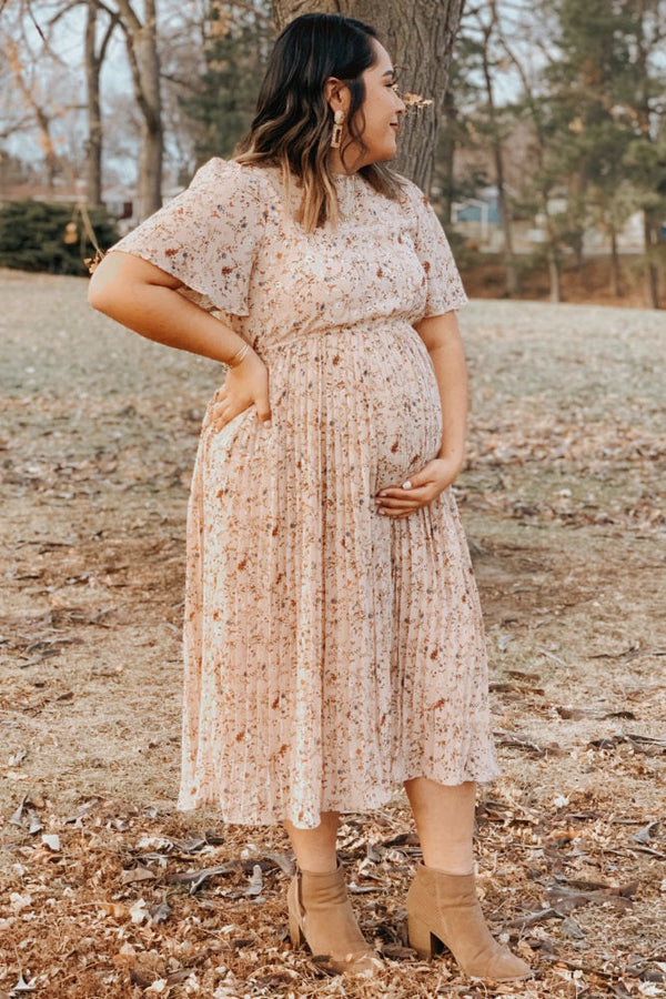 PinkBlush Beige Floral Pleated Chiffon Maternity Midi Dress