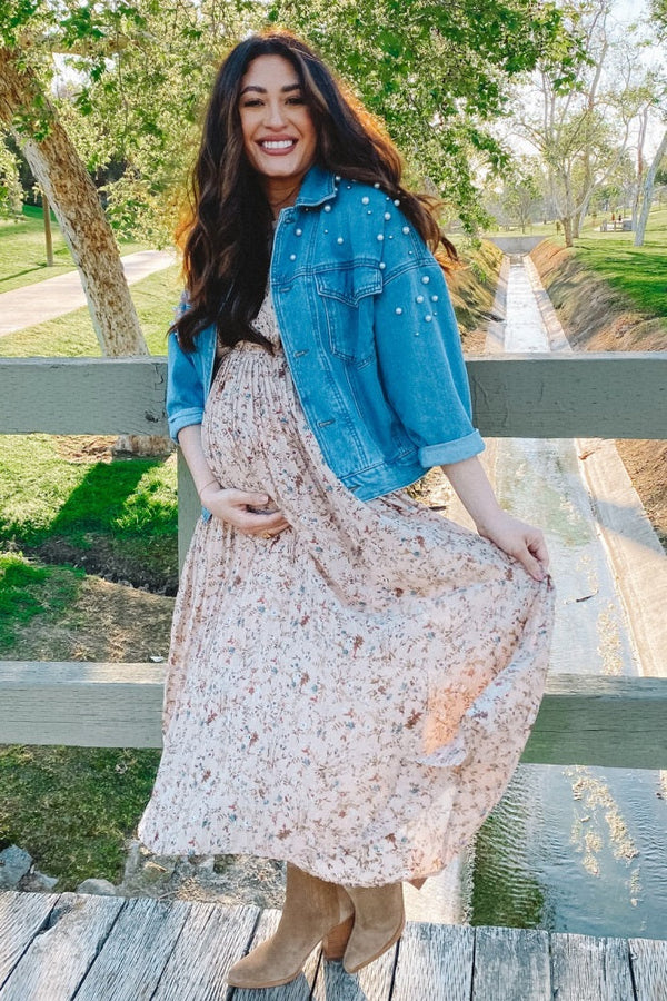 PinkBlush Beige Floral Pleated Chiffon Maternity Midi Dress