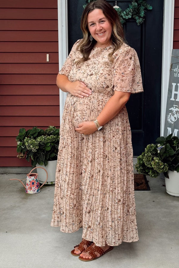 PinkBlush Beige Floral Pleated Chiffon Maternity Midi Dress