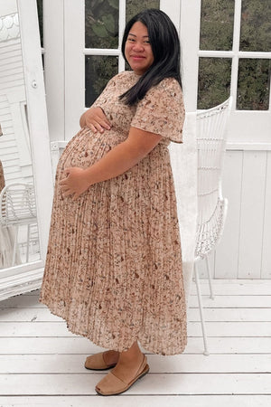 Beige Floral Pleated Short Sleeve Chiffon Maternity Midi Dress