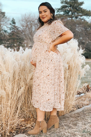 PinkBlush Beige Floral Pleated Chiffon Maternity Midi Dress